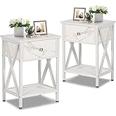 VECELO Night Stands for Bedroom Rustic Nightstand Bedside End Tables with Drawer Storage, (Set of 2), Pearl White