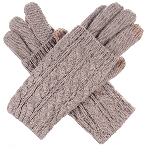 BYOS Women Winter Wool Blend Leafy Texting Knit Gloves W/ Two Fingertips Conductive Tech for All Touch-Screen Devices Smartphone & Tablet (Khaki Double Layer Cable)