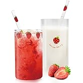 JECOMPRIS Strawberry Glass Cups 10Oz with Straw Set of 2 Cute Strawberry Pattern Tumblers for Juice Milk Tea Coffee Home Party Use