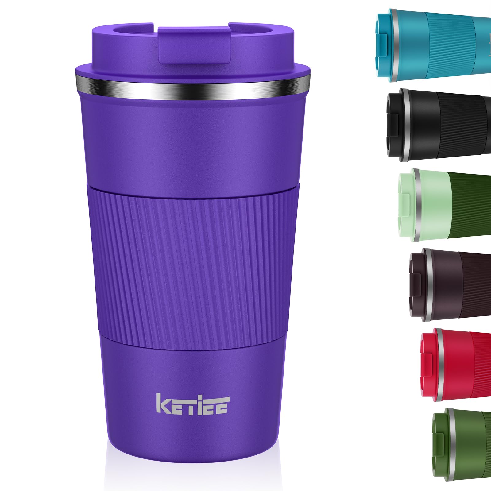 KETIEE Travel Mug with Leakproof Lid, Reusable Insulated Coffee Cup, Double Walled Stainless Steel for Hot & Cold Drinks, 510ml Deep Purple