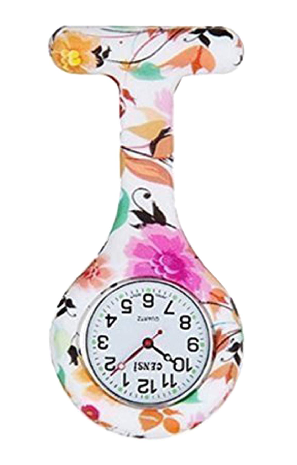 Spring Flower Print Silicone Nurse Doctors Tunic Brooch FOB Watch Japanese Movement Premium Quality