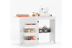 CRAFTEASE Folding Sewing Table Multipurpose Craft Station Desk Rolling Sewing Cabinet Sewing Machine Cart with Lockable Casters, Shelves, Storage Trays, Magnetic Doors, Metal Doorknobs - White