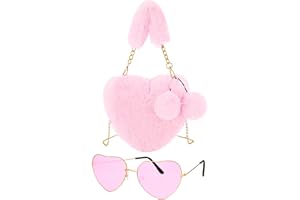 Aliceset Valentine's Day Heart Shaped Furry Purse Heart Shaped Glasses Set Soft Fluffy Handbag Metal Frame Sun Glass (Pink, Purple)