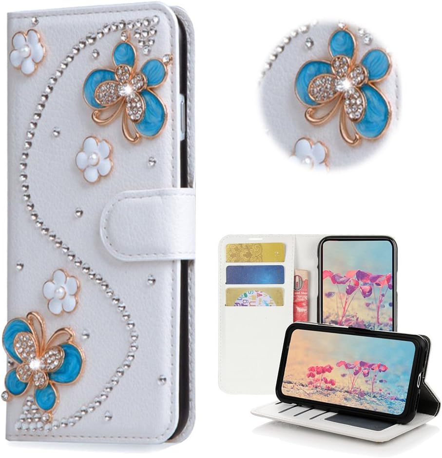 STENES BlackBerry KEY2 LE Case - Stylish - 3D Handmade Bling Crystal S-Link Flowers Butterfly Magnetic Wallet Credit Card Slots Fold Stand Leather Cover for BlackBerry KEY2 LE - Blue