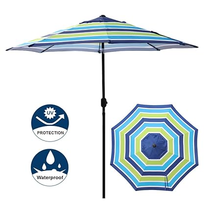 Blissun 9 Outdoor Aluminum Patio Umbrella, Market Striped Umbrella with Push Button Tilt and Crank (Blue & Green Stripe)