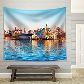 Scenic Spring Evening Sea Sunset in The Harbor of The Old Town of Helsinki, Finland - Fabric Wall Tapestry Home Decor - 51x60 inches