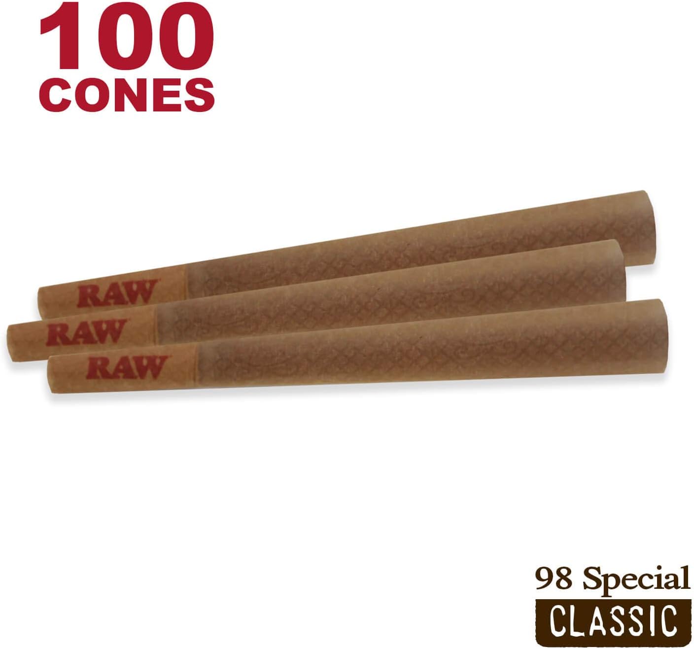 RAW 100 Classic 98 Special Cones - Sturdy W Gallery Box - Pure Hemp 98mm Pre Rolled Cones - 20mm Filter Tips - Natural Brown Unbleached Unrefined Rolling Papers - Bulk Pack Bundle