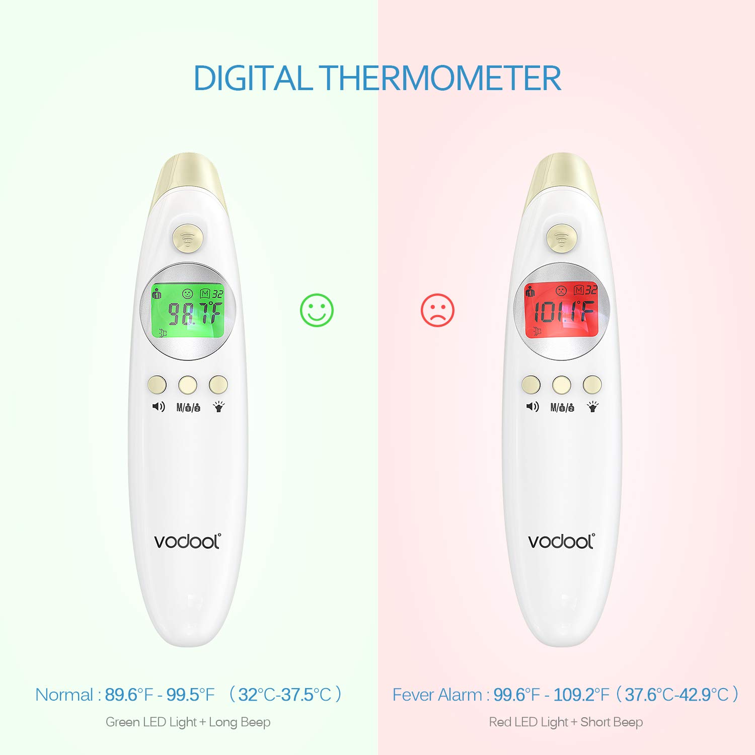 Forehead and Ear Thermometer, Vodool Medical Infrared Digital Thermometer with Instant Reading, High Accuracy for Baby, Infant, Toddler and Adults with Fever Indicator - FDA & CE & SFDA Approved