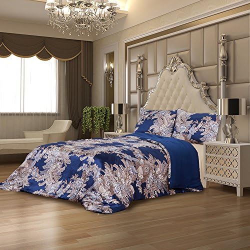 Summer Flower Pattern Silk Soft Bedding Set (1 Quilt Cover+ 2 Pillowcases) 100% Mulberry Silk Satin Improve Sleep Quality Luxury Feel Experience (Blue Background Printing)