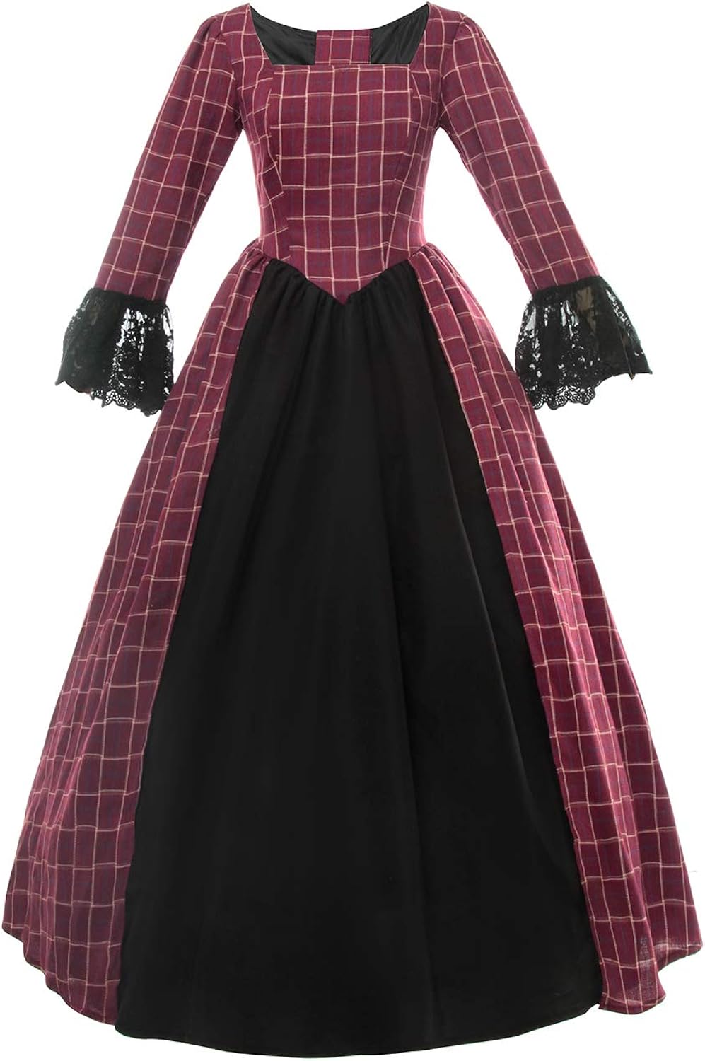 Nuoqi Pioneer Colonial Costume Dress 19th Civil War Lace Sleeves Plaid