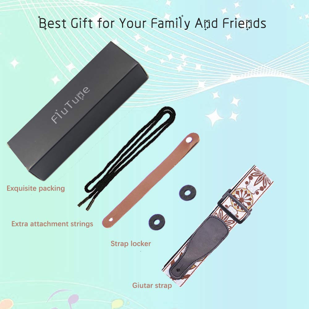 FluTune Leather Adjustable Guitar Strap - Jacquard Weave Collection Strap Set For Acoustic and Electric Guitar With Genuine Leather Ends