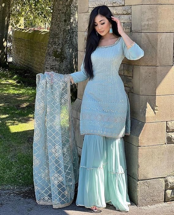 FASHION FRONTIER Beautiful Chinnon Punjabi Style Sharara Suit For Women Ready To Wear Salwar Kameez With Dupatta