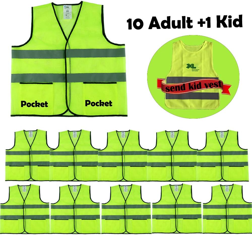 CIMC Yellow Reflective High Visibility Safety Vest with Pockets,10 Pack,Bright Construction Vest with Sliver Strip,Made from Breathable Neon Yellow Mesh,Hi Vis vest Working outdoor (neon yellow)