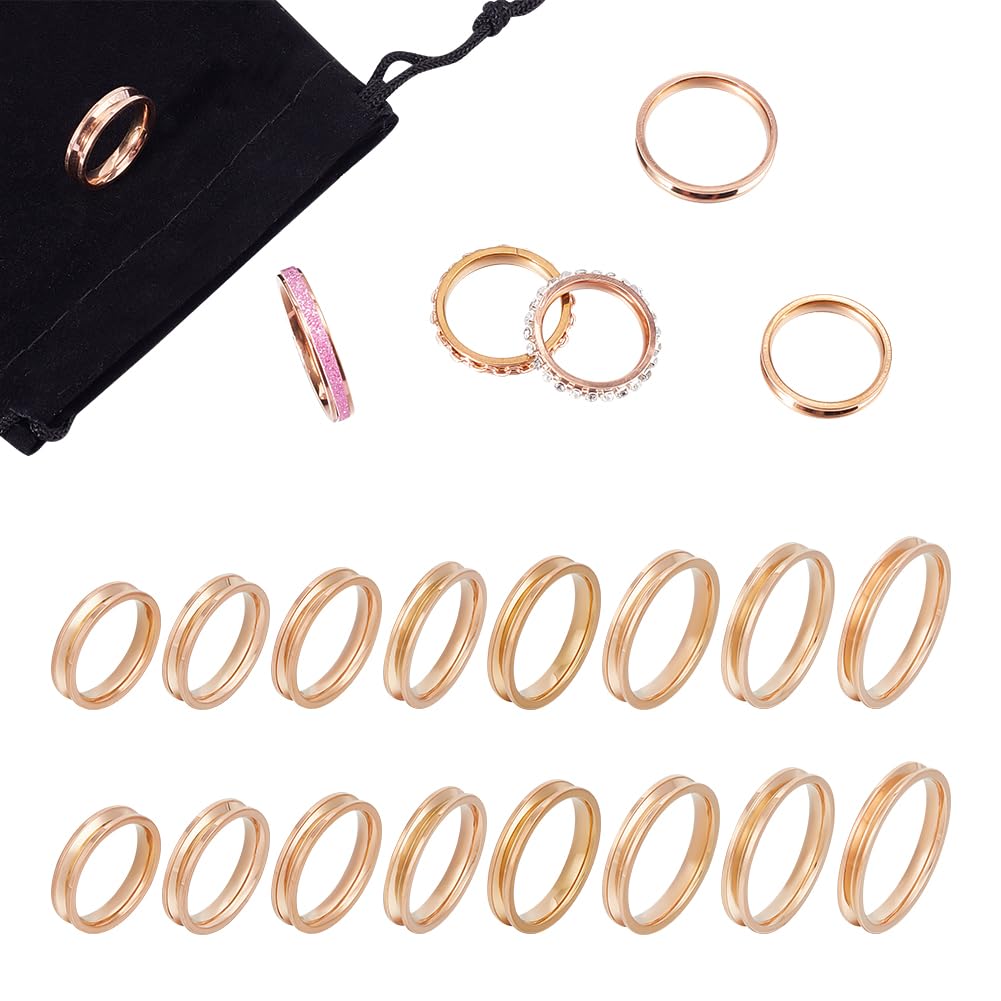 UNICRAFTALE Titanium Steel Ring Blanks - 16pcs, 8 Sizes, Rose Gold, Grooved Setting for Resin Inlay Ring Jewelry Making