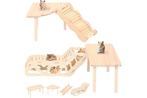 4-Piece Set Hamster Play Wooden Platform, Hamster Hides Tunnel Shelter w Ladder, Small Animal Wood Stand, Hamster Toys Cage Accessories for Dwarf Syrian Hamsters Gerbils Mice Degus or Other Small Pets