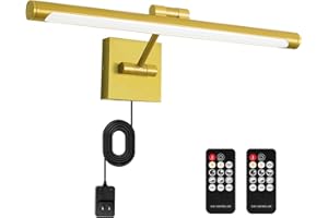 THECHAM Plug in LED Picture Light 10ft Cord, Remote Control Wall Light for Pictures, 12W 980Lumens Brightness Dimmable Gallery Display Light Adjustable Arm, Art Light for Paintings, Gold