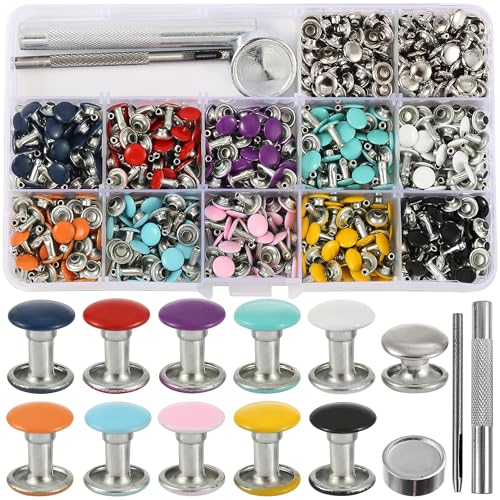 YORANYO 380 Sets 8MM Leather Rivets Kit Studs for Clothing Double Cap Rivets for Clothing Fabric Colorful Rivets with Leather Crafting Rivet Tool for Repair Decorate Clothes Shoes Bags Belt Dog Collar