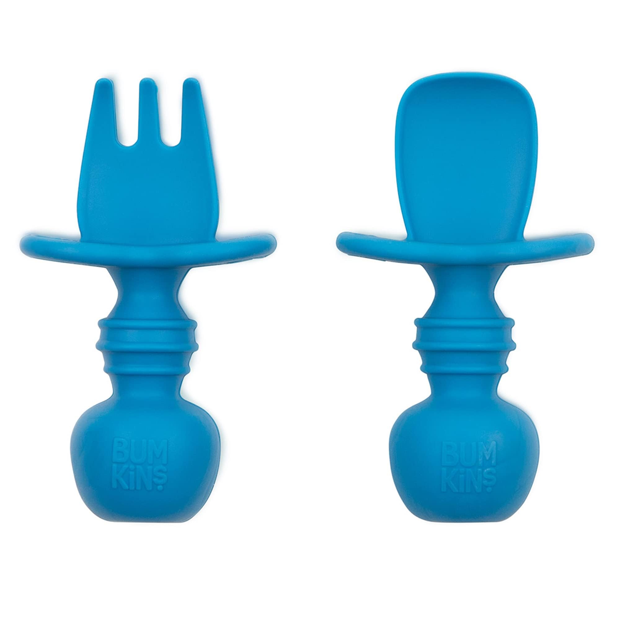 Bumkins Silicone Chewtensils, Training Utensils, Baby Led Weaning, 6 Months+, Spoon and Fork Pair - Deep Blue