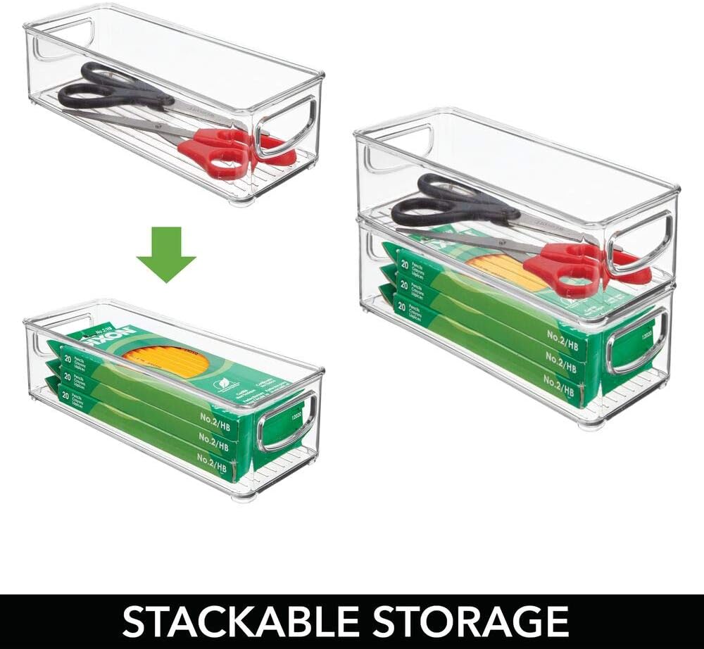 mDesign Plastic Stackable Home Office Storage Organizer Container with Handles for Cabinets, Drawers, Desks, Workspace - BPA Free - for Pens, Pencils, Highlighters, Tape - 10" Long, 6 Pack - Clear : Office Products