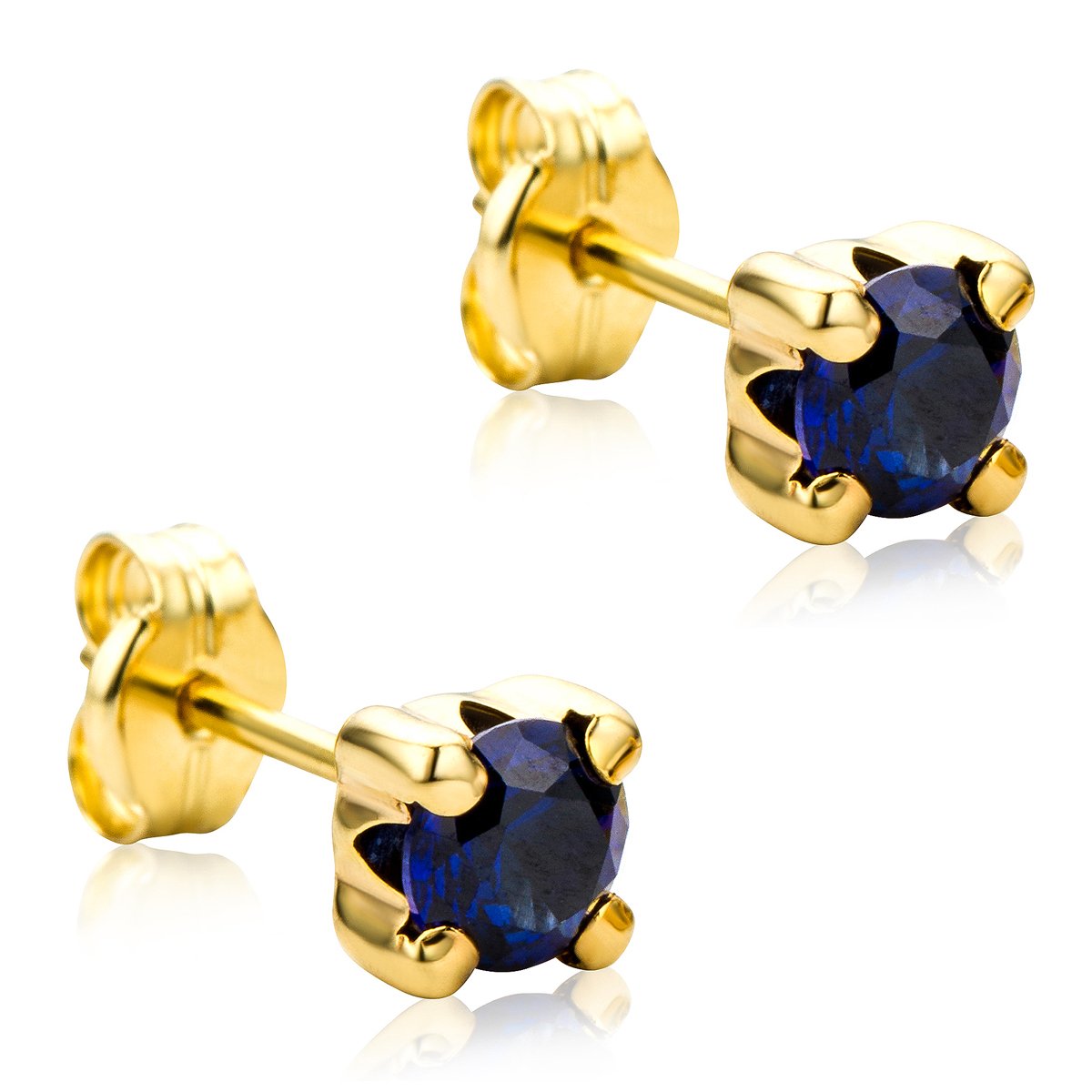 Orovi Square-Shaped Yellow Gold Earrings for Women with Sapphires in 9 Carat Gold, Hypoallergenic Earrings - Handmade studs with jewellery box