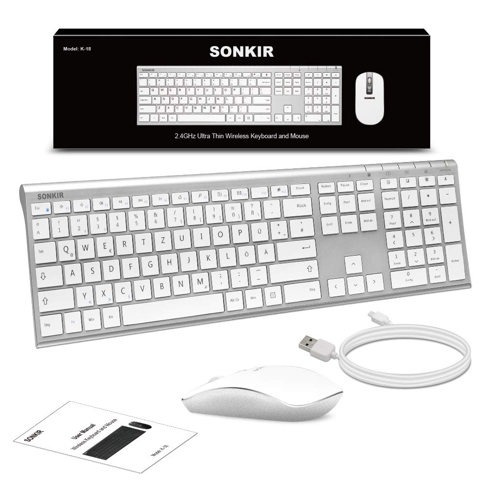 Sonkir Tastatur und Maus, K-18 2,4GHz ultradünne wiederaufladbare Aluminium-Tastatur in voller Größe für Windows, Laptop, PC, Notebook (Silber)