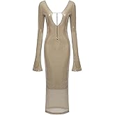 meilun Deep V Dress with Drawstring Long Sleeve Sequin Dress for Women Long Gown