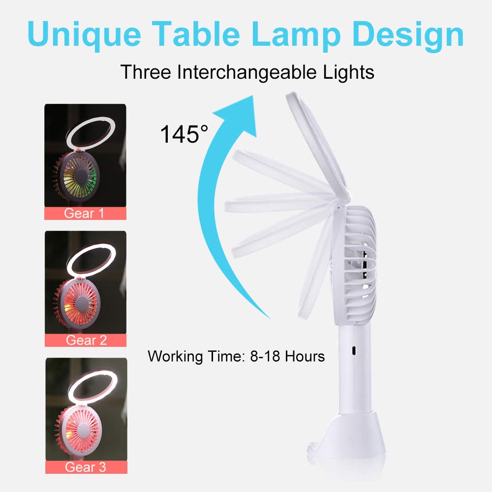 Mini Desk Fan Handheld Fan, Whisper Quiet Portable Personal USB Little Fan with Phone Holder, 7 Colourful LED Night Lights and Lamp, 1500mA Rechargeable Operated Battery, 3 Speeds Small Fan(White 08)