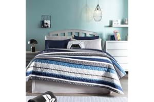 Vianney Queen Comforter, Novo Boston Bedding, Reversible Lightweight Quilted Blanket in Blue and Grey Striped Design with Solid Light Grey on Other Side, 91”x93”
