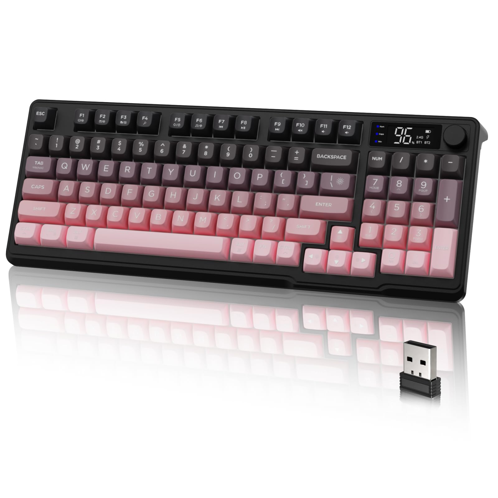 LexonElec M96 Wireless Keyboard, Low Profile Quiet Typing Membrane Gaming Keyboard with Smart Display & Knob, RGB Backlit, USB C Rechargeable, 94 Keys PBT Keycap for Windows PC, Mac, Linux-BlackBerry