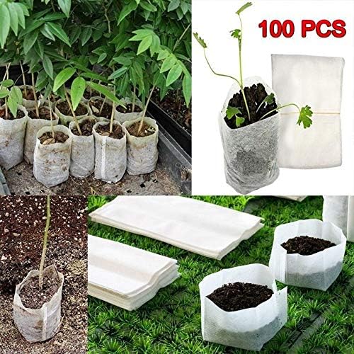 Oguine 100 Pcs/Pack Degradable Non-Woven Nursery Pots Seedling Growing Bag Plants Pouch Grow Bags
