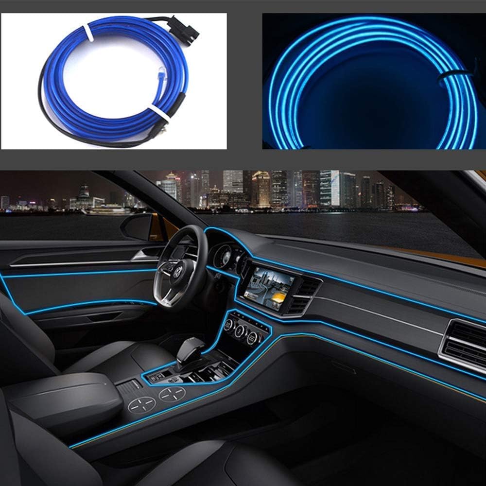 USB Neon LED Light Glowing Electroluminescent Wire/El Wire for Automotive Interior Car Cosplay Decoration with 6mm Sewing Edge (Blue, 2 M)