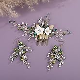 Teyglen Vintage Gold Leaf Flower Wedding Hair Comb Green Crystal Beads Hair Side Comb Bridal Hair Accessory for Women White Flower Headpiece with Rhinestone Head Jewelry