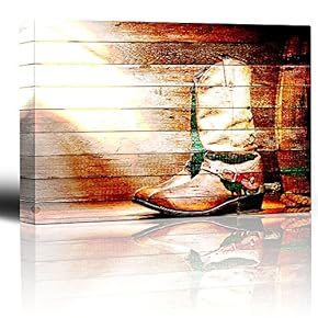 Boot and Spurs on a Weathered Wood Background - Rustic Country and Western Artwork - Canvas Art Home Art - 12x18 inches
