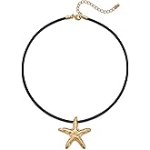 LILIE&WHITE Gold Pendant Necklace for Women - Conch Chain With Starfish and Black Leather - Ocean Chains Necklace
