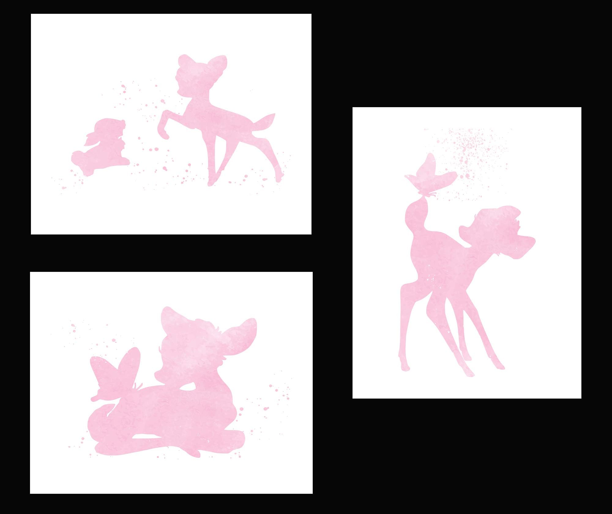 Simply Remarkable Inspired by Bambi - Set of 3 Beautiful Watercolor Poster Prints are Photo Quality and Made in USA - Disney Bambi and Thumper Nursery Decor - Frame not Included (8x10, Pink)