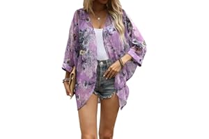 olrain Women's Floral Print Sheer Chiffon 3/4 Bat Sleeve Casual Loose Kimono Cardigan Capes