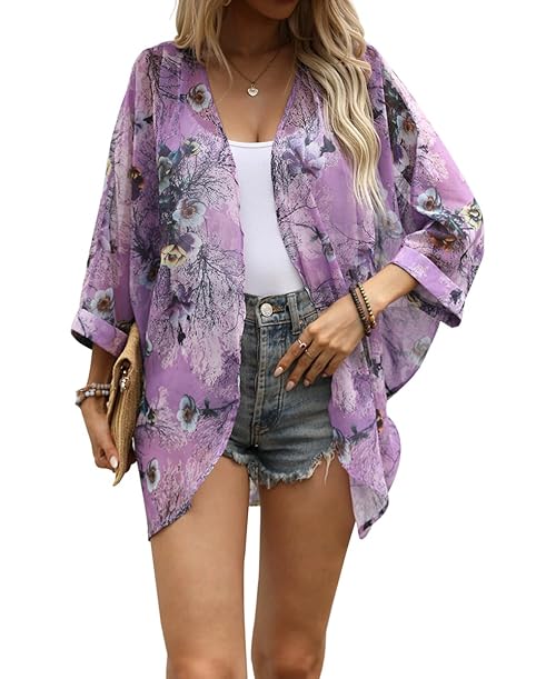 olrain Women's Floral Print Sheer Chiffon 3/4 Bat Sleeve Casual Loose Kimono Cardigan Capes (X-Large, Purple Floral)