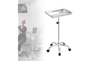MENURSY Mayo Instrument Stand, Mobile Rolling Table for Dental, Veterinary, Pet Clinics Supplies - Adjustable Height 35"-51" Double-Post Utility Cart with Lift-Out Tray (C)