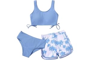ADARL Girl's 3 Piece Bikini Bathing Suit Printed Sport Swimsuits with Shorts Cove Up Sets Teen Girl's Swimwear