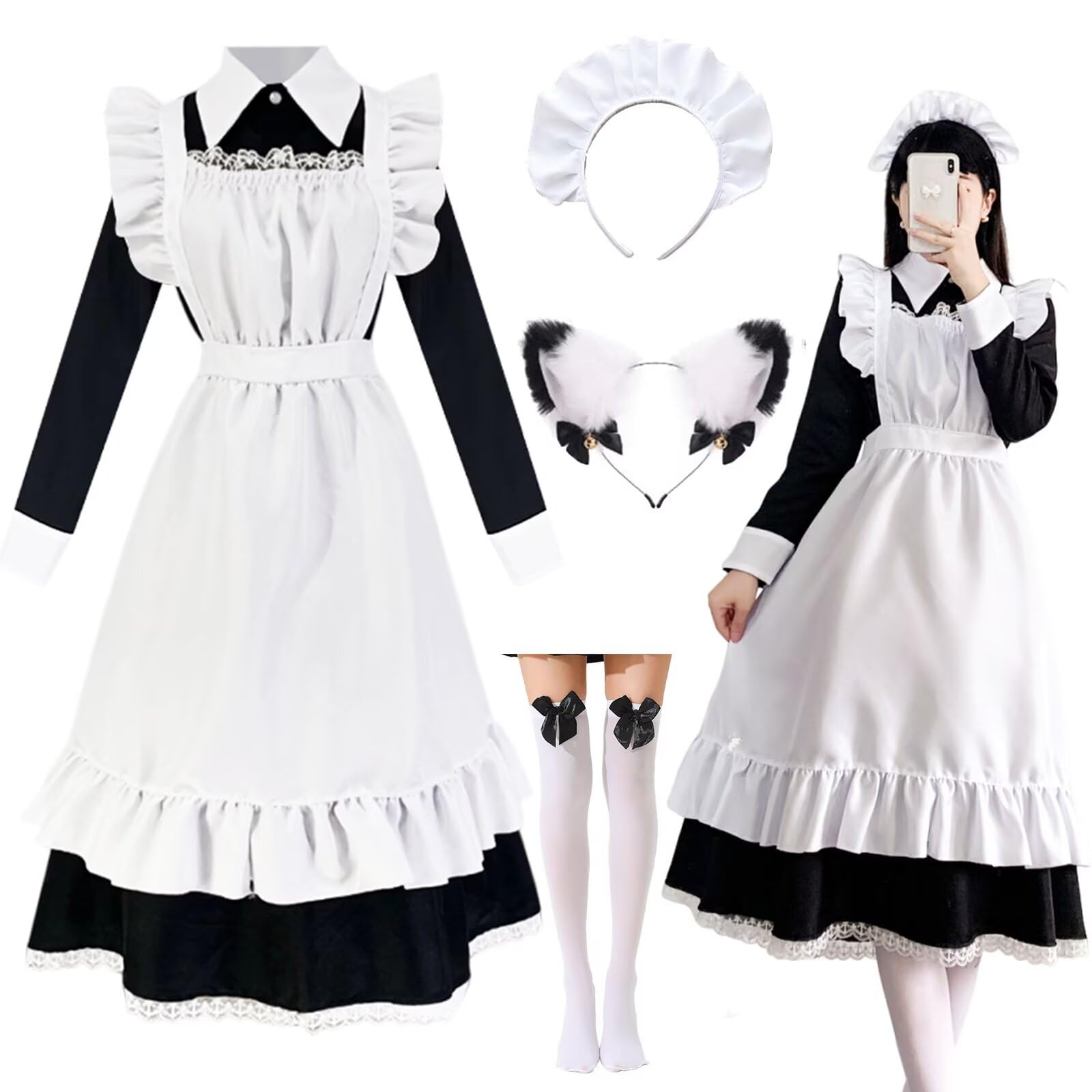 Amtum Maid Dress Costume French Maid Outfits Unisex Girls Anime Apron Fancy Dress Cosplay Costume Furry Cat Ear Socks set Dress Up for Halloween Carnival Masquerade，T001-XL