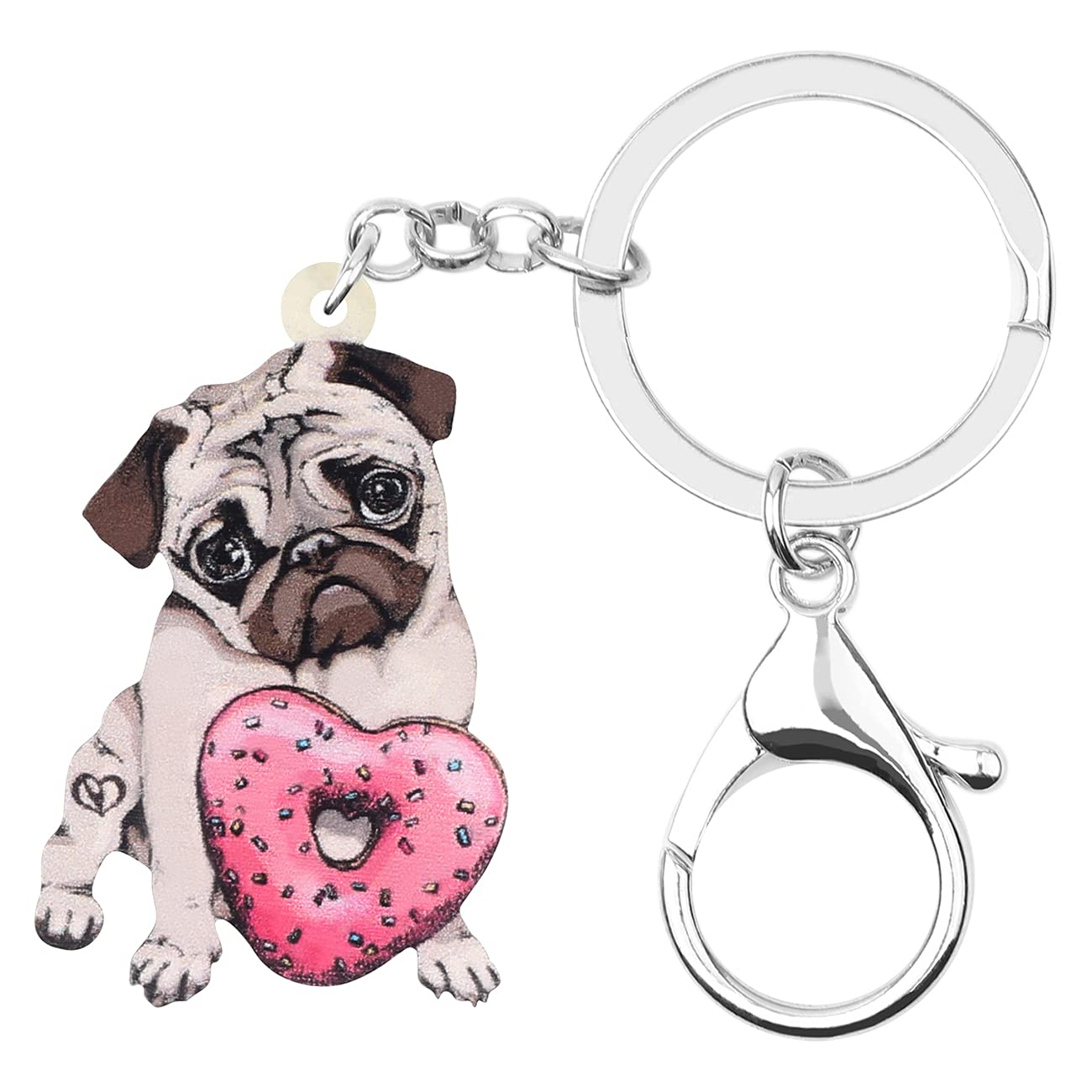 NEWEI Acrylic Donuts Pug Dog Keychain Keyrings for Women Girls Cute Dog Keyfobs Gifs (Donuts Pug Dog)