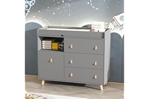 ROMSHINE Baby Dresser with Changing Table Top, 4 Drawers Nursery Dresser with Removable Guard, Infant Diaper Changing Station Baby Cloth Organizer for Nursery and Kids Bedroom, Grey - 44.9" W