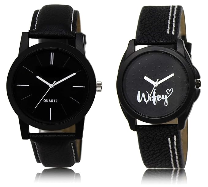 Analouge Round Black Dial Leather Belt Men's Womens Watch Combo -(LR05_234)