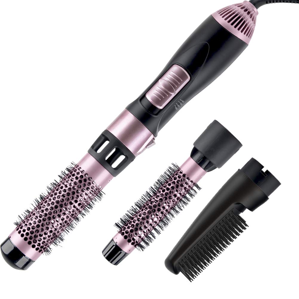 JOYYUM 1000W Hot Air Brush Styler Kit with 1 Inch & 1-1/2 Inch Brush Attachments, 2-in-1 Ionic Hair Dryer Brush for Styling & Frizz Control, Rose Gold