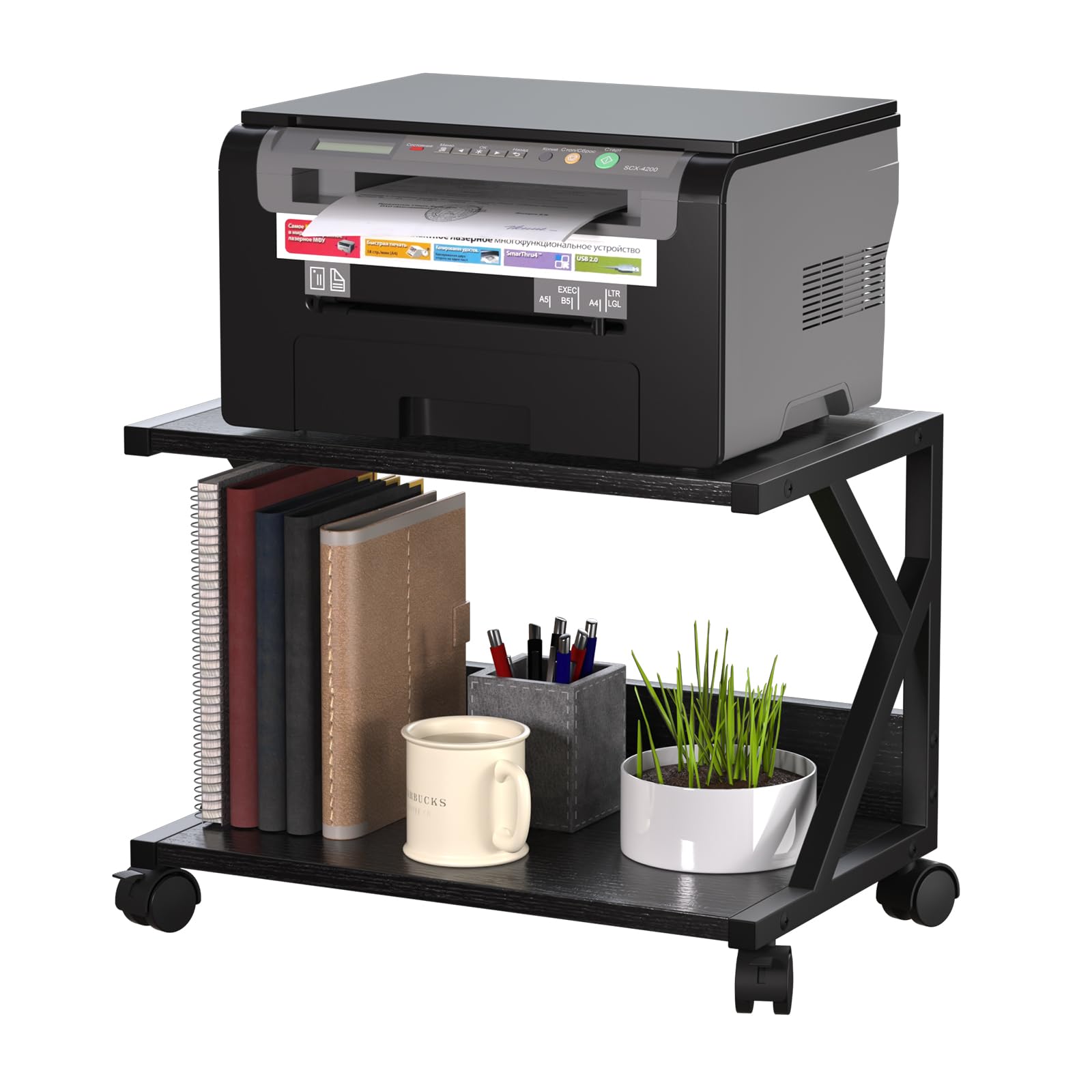 Huhote 2 Tier Desktop Printer Stand, Under Desk Printer Table, Multi-Purpose Desktop Storage and Organize, Wood Printer Stand with Wheels for A5 Folders Scanner Fax Machine Microwave Oven (Black)