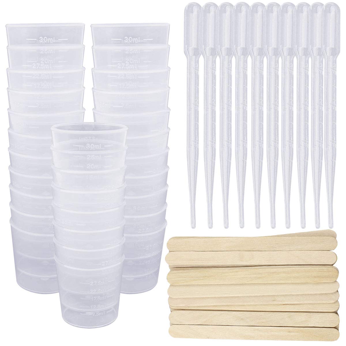 SelfTek 150 Pcs Plastic Graduated Cups with Tools - 30ml Measuring Cups, Mixing Sticks, 3ml Dropping Pipette for Resin, Stain, Epoxy, Paint