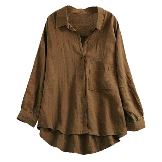 VENMO Damen V-Ausschnitt Tägliche beiläufige lose Leinenbluse Soild Button Tops Langarmshirt unregelmäßiger Hemden Spitze Rüs