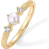 PAVOI 14K Gold Plated Pearl Hammered Ring for Women | Dainty Elegant Stackable Cubic Zirconia Thin Band for Women