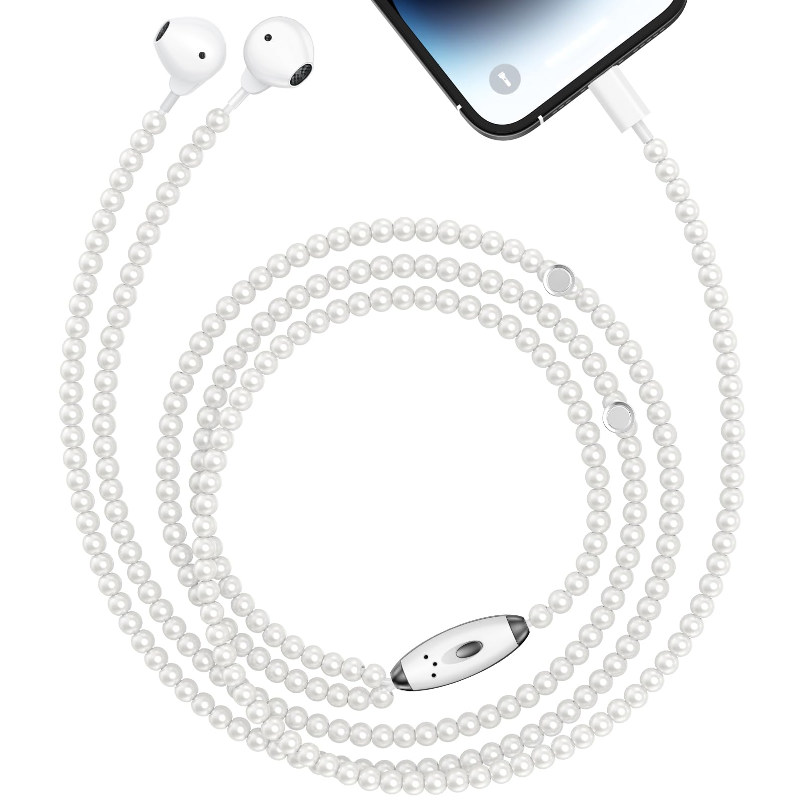 Photo 1 of for Wired Headphones Beaded iPhone Headphones Wired Earphones Earbuds with Mic Volume Control Magnetic Lock Pearl Corded Plug-in Earbuds for iPhone 14 13 12 11 Pro Max X XS XR 8 7 Plus with Controller
