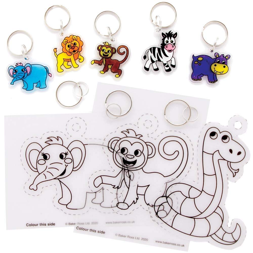 Baker Ross FE221 Jungle Animal Super Shrink Keyrings - Pack of 8, Keyrings for Crafts to Colour in, Make and Display, Make Your Own for Kids